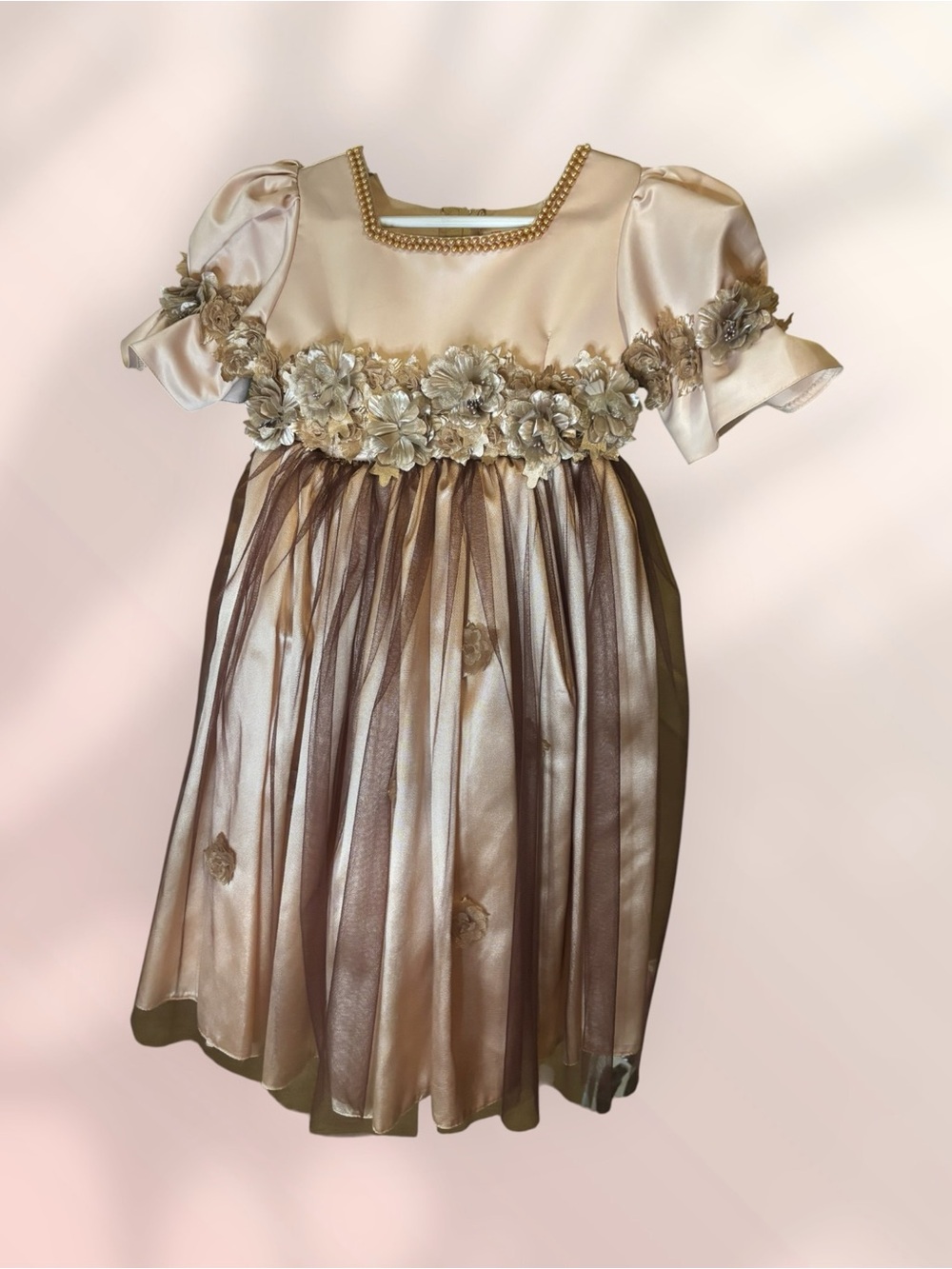 Girls' Formal Pearl Champagne Floral Dress